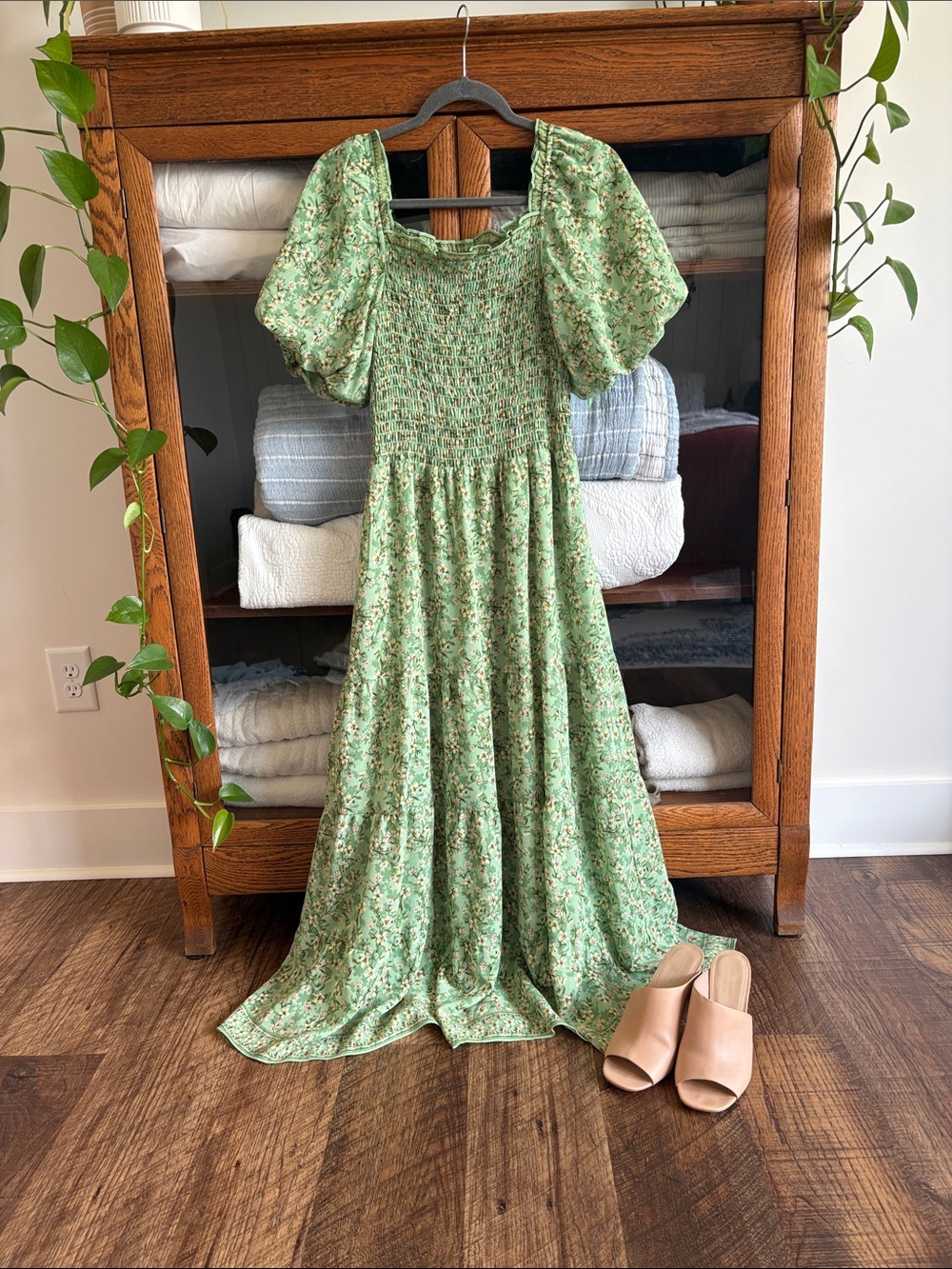 Max Studio Green Floral Smocked Maxi Dress with Puff Sleeves